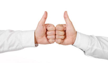 Two male hands with fingers up isolated