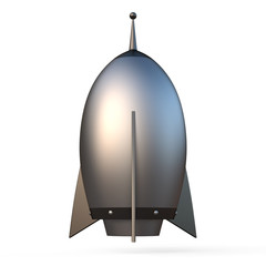 3D illustration of cartoon rocket over white background