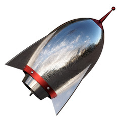 3D illustration of cartoon rocket over white background