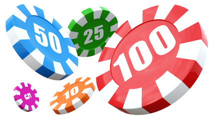 Casino chip stacks over white background. 3D render illustration