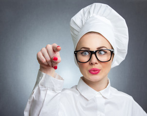 Woman cook chef touching space for your text