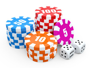 Casino chip stacks over white background. 3D render illustration