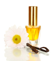 Women's perfume in beautiful bottle with flower and vanilla
