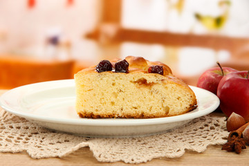 slice of tasty homemade pie with jam and apples,