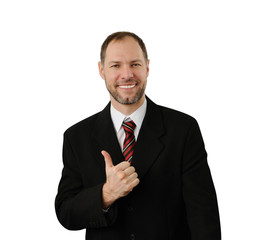Smiling man hold thumb up isolated on white background
