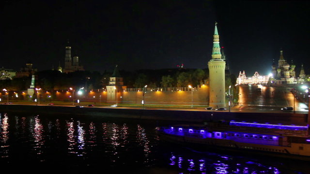 Moscow Kremlin river night landscape with ship