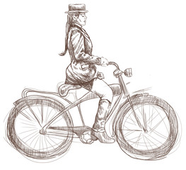 Fototapeta na wymiar weighted lady on bike - a hand drawn illustration