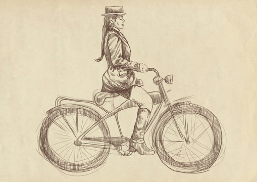 weighted lady on bike - a hand drawn illustration