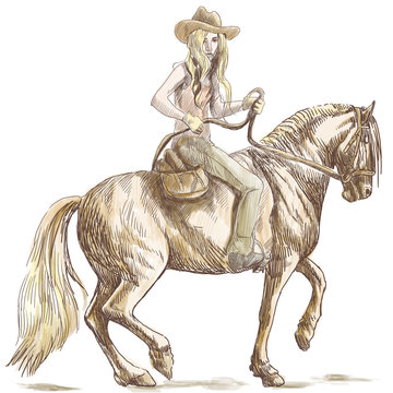Beauty with long hair riding a horse - hand drawn illustration