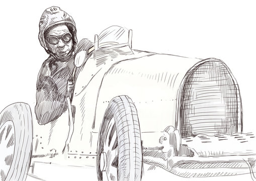 Moto racer driving old fast car - a hand drawn illustration