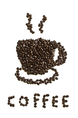 Close up of coffee beans cup shape on white background with copy