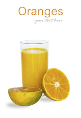 A glass of orange juice and sliced oranges on white background w