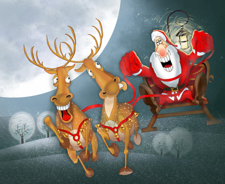 Santa Claus In A Sleigh With Reindeer