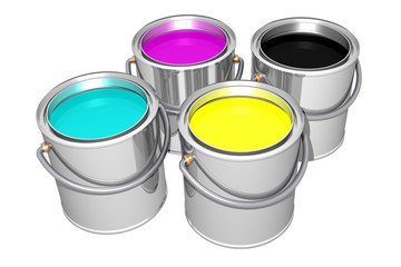 Cyan Magenta Yellow Black paint cans (3D)