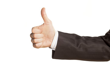 strong male hand of businessman showing thumbs up on white