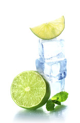 Ice with mint and lime isolated on white