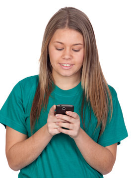 Adolescent fille ecriture d'un message par t&eacute;l&eacute;phone