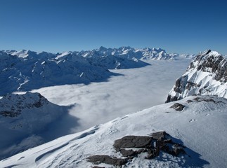 Beautiful sea of fog, mountains in the winter, Titlis