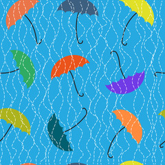 Colorful umbrellas and rain. Seamless background.