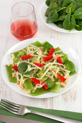 vegetable salad on the plate and glass of wine