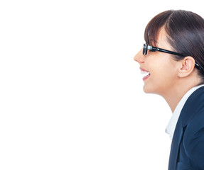 Profile of happy smiling young businesswoman