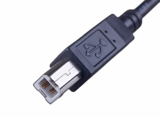 USB B plug, macro shot on white with a shallow DOF