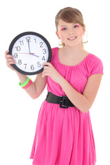 teenage girl with clock isolated over white