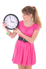 attractive teenage girl with clock isolated over white