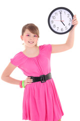 portrait of teenage girl with clock isolated over white backgrou