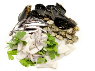 Calamares,boquerones,mejillones y almejas crudos