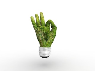 3D lightbulb - hand OK with grass. Concept - eco energy.