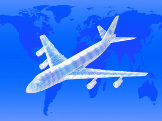Obraz premium model of jet airplane on worldmap. Concept - global travel.