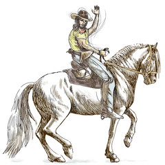 Obraz premium kowboj na koniu - rysunek odręczny do wektora