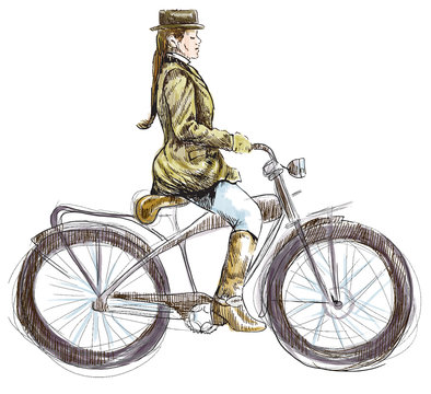 Weighted Lady on Bike - hand drawing into vector