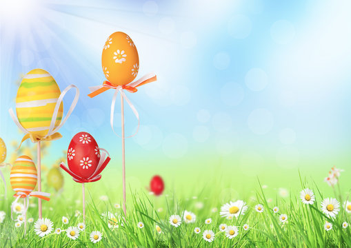 Happy Easter eggs in meadow