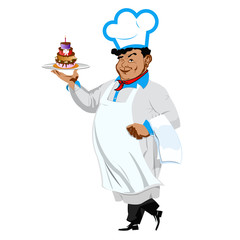 Funny Chef with sweet dessert on a white background.Vector