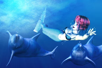 Gartenposter Meerjungfrau und Delfine © AnnaPa