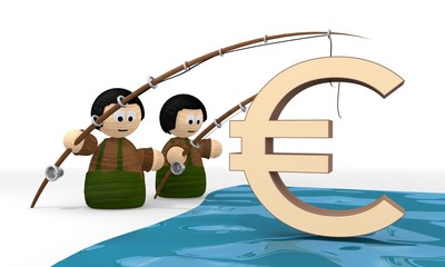 tiny cute 3d character toys fishing a Euro Symbol