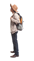 Naklejka premium side view of backpacker standing on white