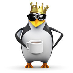 Penguin in gold crown drinks coffee