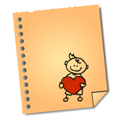 cartoon hand-drawn boy holding heart on paper note