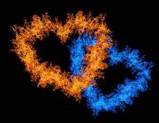 Foto op Plexiglas Oranje en blauwe hartvorm vlam geïsoleerd op zwart © Alexander Potapov