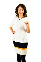 Woman in business uniform pointing at you