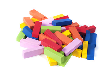 wooden building blocks, in many colors, isolated