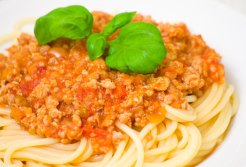 spaghetti bolognese on white plate