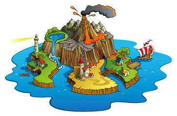 Naklejka premium Wonder island with town and villages, vector
