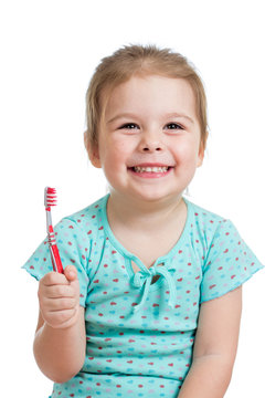 Cute Kid Girl Brushing Teeth Isolated On White Background