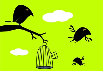 Cercles muraux Oiseaux en cages Oiseaux drôles et cage vide