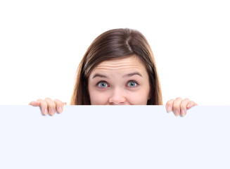 Banner sign woman peeking over edge of blank empty paper