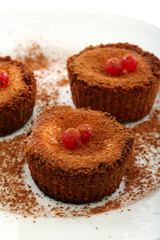 Small chocolate cake with curd cream.